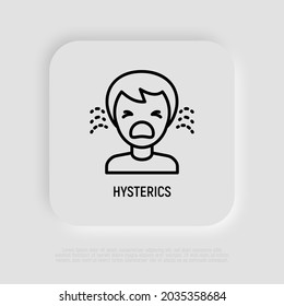 Humano en histérica, llorando icono de línea delgada infantil. Emoción negativa. Ilustración vectorial moderna