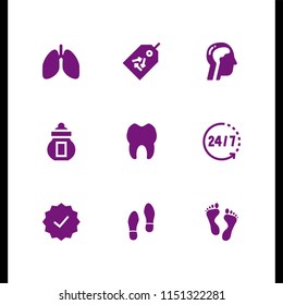 human icon. 9 human set with human footprint, help, tooth and human shoes footprints vector icons for web and mobile app