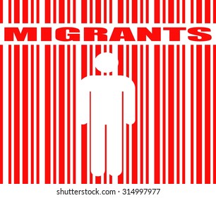 human icon in barcode and migrants word