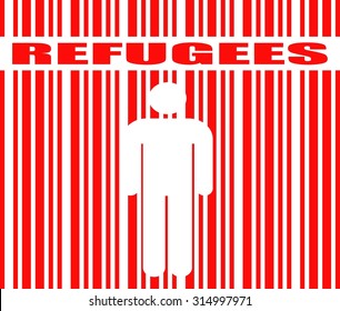 human icon in barcode and refugees word