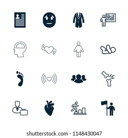 Human icon. collection of 16 human filled and outline icons such as group, jacket, man with flag, baby, broken leg or arm. editable human icons for web and mobile.