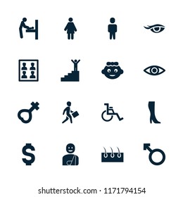 Human icon. collection of 16 human filled icons such as baby changing room, baby girl, woman, female, wheel chair, photo for passport photo. editable human icons for web and mobile.