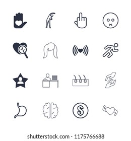 Human icon. collection of 16 human filled and outline icons such as exercising, money, sad emot, middle finger, stomach, running. editable human icons for web and mobile.