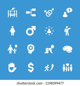 Human icon. collection of 16 human filled icons such as woman, man symbol, heart on hand, family, male and female, structure. editable human icons for web and mobile.