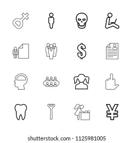 Human icon. collection of 16 human outline icons such as man, girl, dollar, yuan, tooth, man sitting with laptop, skull. editable human icons for web and mobile.