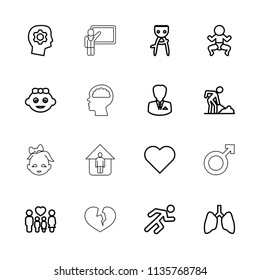 Human icon. collection of 16 human outline icons such as baby girl, hair removal, digging man, heart, newborn child, lungs. editable human icons for web and mobile.