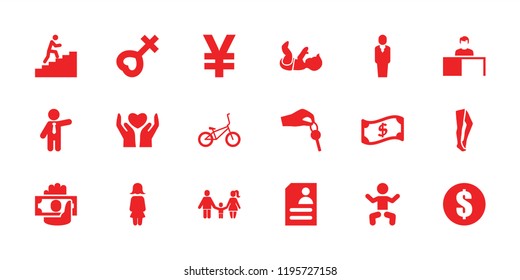 Human icon. collection of 18 human filled icons such as baby, tights, businessman, money, resume, hand with key, bicycle. editable human icons for web and mobile.