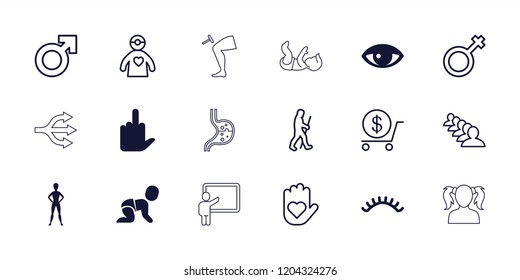 Human icon. collection of 18 human filled and outline icons such as eyelashes, dollar, group, man symbol, heart on hand, male. editable human icons for web and mobile.