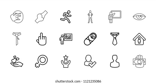Human icon. collection of 18 human outline icons such as tie, man in home, user and tick, middle finger, woman symbol, newborn child. editable human icons for web and mobile.