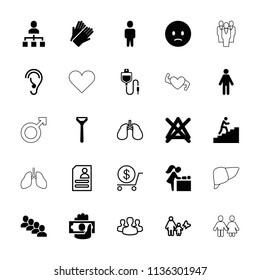 Human icon. collection of 25 human filled and outline icons such as gloves, no bleaching, sad emot, man, ear, man climbing stairs. editable human icons for web and mobile.