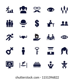 Human icon. collection of 25 human filled icons such as man and woman, girl, hair removal, tie, dollar, heart with muscles, running. editable human icons for web and mobile.