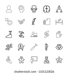 Human icon. collection of 25 human outline icons such as baby girl, baby, exercising, dollar, tights, brain, heart on hand. editable human icons for web and mobile.