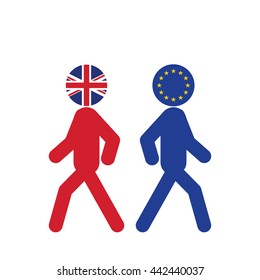 human icon of EU and UK  flags on their head walking away from each other. vector illustration.