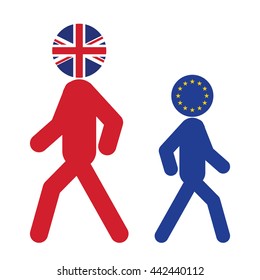 human icon of EU and UK  flags on their head walking away from each other. vector illustration.