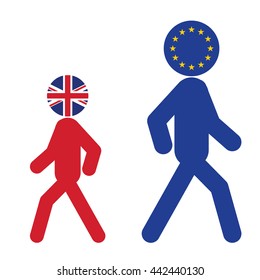 human icon of EU and UK  flags on their head walking away from each other. vector illustration.