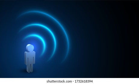 Icono humano y ondas wifi brillantes, concepto de redes inalámbricas y comunicación en línea