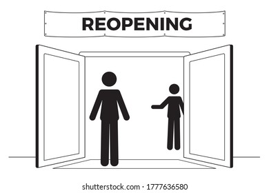 Human icon on front store with a banner sign of Reopening. Reopen concept after the coronavirus pandemic. vector illustration