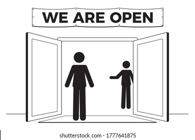 Human icon on front store with a banner sign of We are open. Reopen concept after the coronavirus pandemic. vector illustration