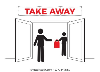 Human icon on front store with a banner sign of Take away. Service on coronavirus covid 19 outbreak. Vector illustration