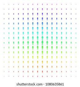 Human icon rainbow colored halftone pattern. Vector human symbols arranged into halftone grid with vertical spectral gradient. Designed for backgrounds, covers and abstraction concepts.