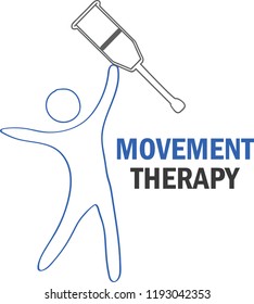 Human icon with raised hands holding a crutch. Concept for successful therapy or recovery