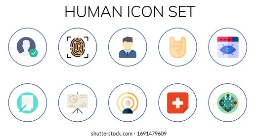 menschliches Symbol-Set. 10 flache menschliche Symbole. Einschließlich Benutzer, Schreiben, Fingerabdruck, Präsentation, Geschäftsmann, Einflussnehmer, Hand, Krankenhaus, Vision, Wiedervereinigungssymbole