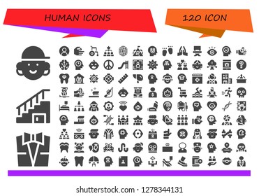  human icon set. 120 filled human icons. Simple modern icons about  - Avatar, Suit, Stairs, User, Hand, Wheelchair, Hierarchical structure, Brain, Ramp, Influence, Feet, Pray