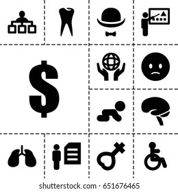 Human icon. set of 13 filled humanicons such as disabled, structure, sad emot, lungs, brain, tooth, holding globe, female, hat and moustache, man and document, teacher, dollar