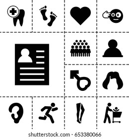 Human icon. set of 13 filled humanicons such as ear, hairstyle, tights, group, head bang emot, male, dental care, running, foot, user, resume, heart