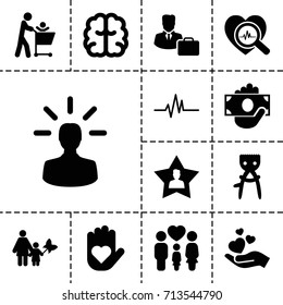 Human icon. set of 13 filled human icons such as hair removal, brain, family, hand holding heart, heartbeat, heartbeat search, favourite user, male consultant   with case
