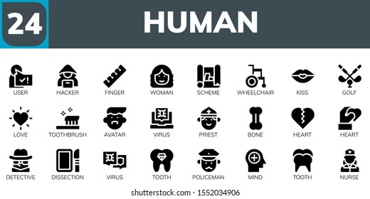 human icon set. 24 filled human icons.  Collection Of - User, Hacker, Finger, Woman, Scheme, Wheelchair, Kiss, Golf, Love, Toothbrush, Avatar, Virus, Priest, Bone, Heart icons