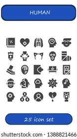 human icon set. 25 filled human icons.  Collection Of - Account, Hospital, Wig, Mind, Avatar, Blood transfusion, Manipulator, Headband, Scream, Sling, Running, Fingerprint, Login