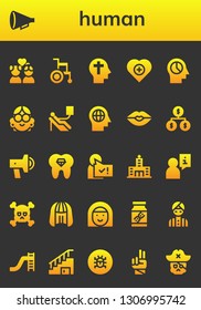 human icon set. 26 filled human icons.  Collection Of - Couple, Protest, Wheelchair, Faith, Health, Mind, Avatar, Blood donation, Kiss, Organization, Promotion, Tooth, User, Hospital