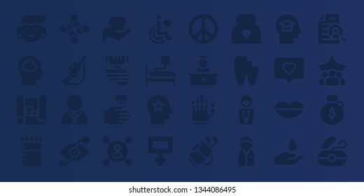 human icon set. 32 filled human icons. on blue background style Simple modern icons about  - Avatar, Mind, Scheme, Urine, Hug, Hunting, Manager, Bionic eye, Hand, Organ, WASHING HANDS