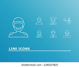 Human icon set and bald man with asian boy, arabian girl and waiter. Servant related human icon vector for web UI logo design.
