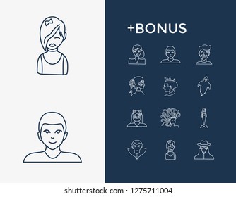 Human icon set and boy with emo girl, vampire and medusa. Queen related human icon vector for web UI logo design.