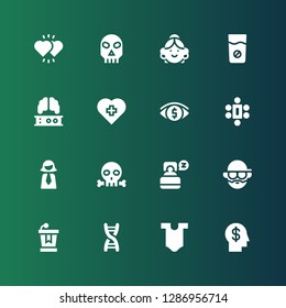 human icon set. Collection of 16 filled human icons included Mind, Body, Dna, Conference, Avatar, Sleep, Skull, Businesswoman, Meeting, Vision, Hospital, Brain, Medicine, Hearts