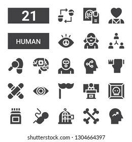 human icon set. Collection of 21 filled human icons included Mind, Bones, Freedom, Fetus, Medicine, Virus, Conference, Mustache, Eye, Medical, Design skills, Terrorist, Artificial intelligence