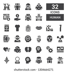 human icon set. Collection of 32 filled human icons included Hacker, Turban, Pilot, Peace, Groom, Curriculum, View, Management, Mind, Relationship, Avatar, Heart, Mindfulness