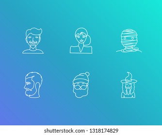 Human icon set and glamour girl with witch, santa claus and mummy. Wizard related human icon vector for web UI logo design.