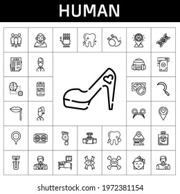 human icon set. line icon style. human related icons such as sickle, without, artificial intelligence, sleep, dna, skull, man, placeholder, high heels, foot, tooth, group