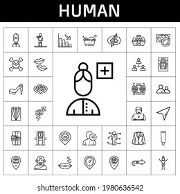 human icon set. line icon style. human related icons such as next, cursor, gender, hierarchical structure, exercise, kiss, skills, vision, loss, washing, cage, socrates, tooth paste