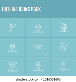 Human icon set and old woman with tennis player, jedi and male in scarf. Goblin related human icon vector for web UI logo design.