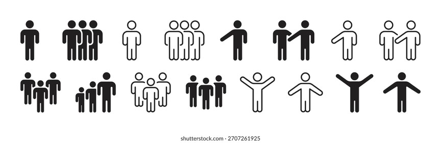 Human icon set. People symbol. Person, group of people, team, teamwork concept. Figures in different poses. Black sign. Isolated on a white background. Editable stroke. Vector illustration.