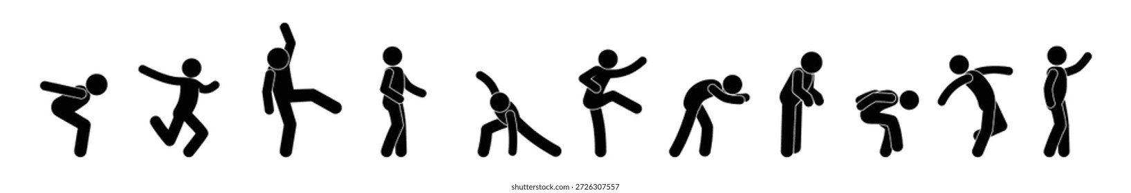 Conjunto de iconos humanos de siluetas, posturas de stickman