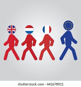 human with icon of UK, The Netherlands and France flags on their head walking away from human with icon of UK flag on his head. vector illustration with grey background.