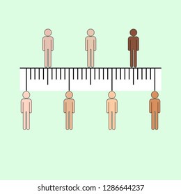 Human icons aligned in straight row on ruler symbol representing equality rights. Vector illustration.