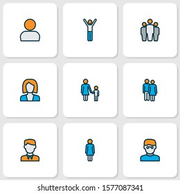 Human icons colored line set with female, couple, businessman and other family elements. Isolated vector illustration human icons.