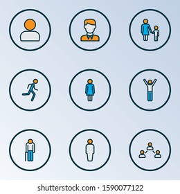 Human icons colored line set with old man, profile, mother with child and other user elements. Isolated vector illustration human icons.