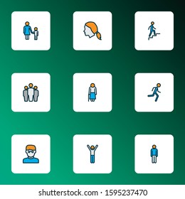 Human icons colored line set with man climbing stairs, male, team and other ladder elements. Isolated vector illustration human icons.